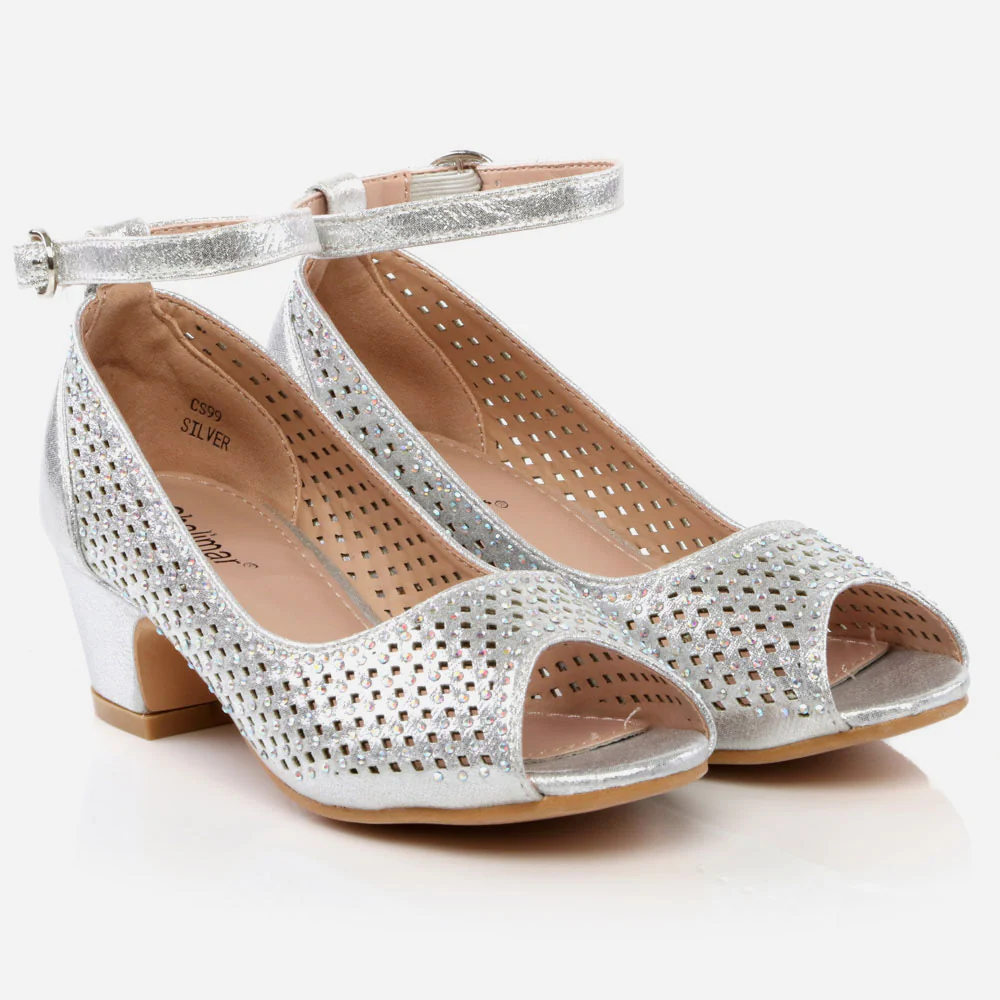 Girls Kids Crystals Detailing Peep Toe Evening Mid Heel Wedding Party Princess Birthday Crystal Sandal Shoe All Sizes Available - Image 2