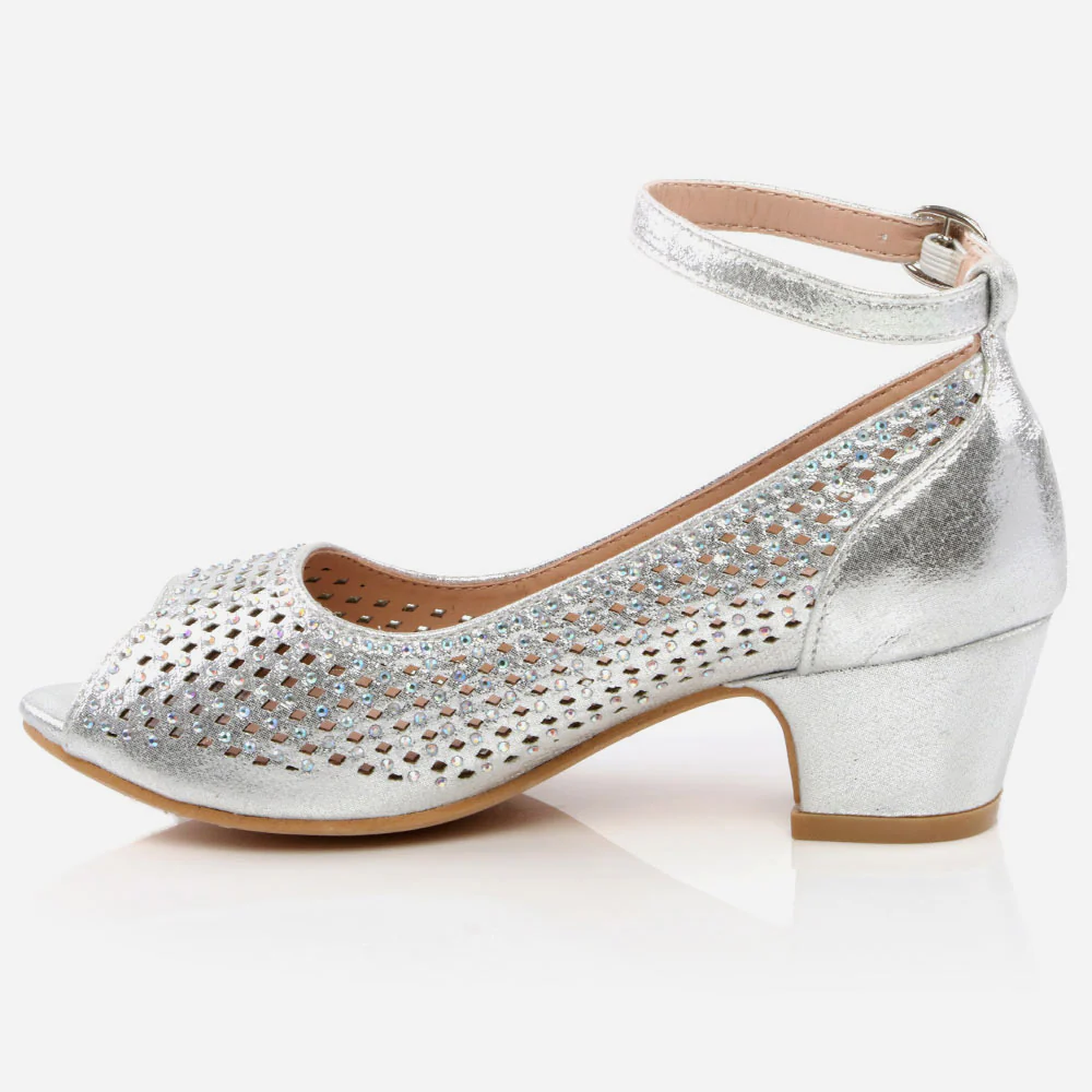 Girls Kids Crystals Detailing Peep Toe Evening Mid Heel Wedding Party Princess Birthday Crystal Sandal Shoe All Sizes Available - Image 3