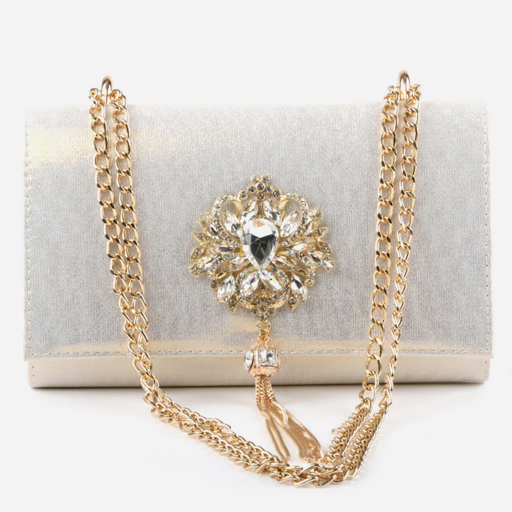 Ladies Diamante Broach Evening Clutch Bag Wedding Handbag Prom Purse Shimmery Hard Case Party Bags Birthday Gifts for Her - Image 3