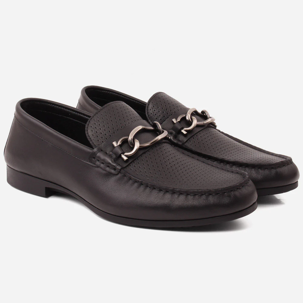 Men "VICENTE" Casual Perforated Slip On Metallic Buckle Leather Moccasins - Image 2