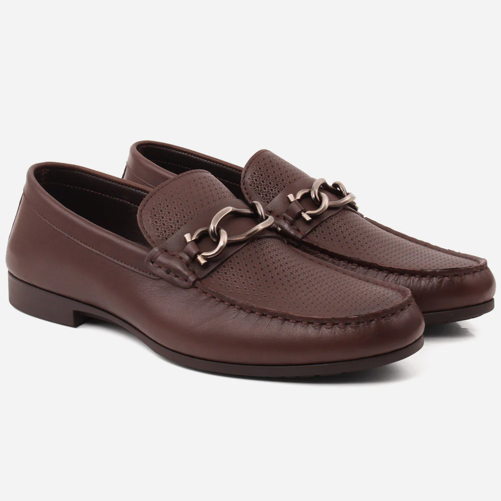 Men "VICENTE" Casual Perforated Slip On Metallic Buckle Leather Moccasins - Image 2