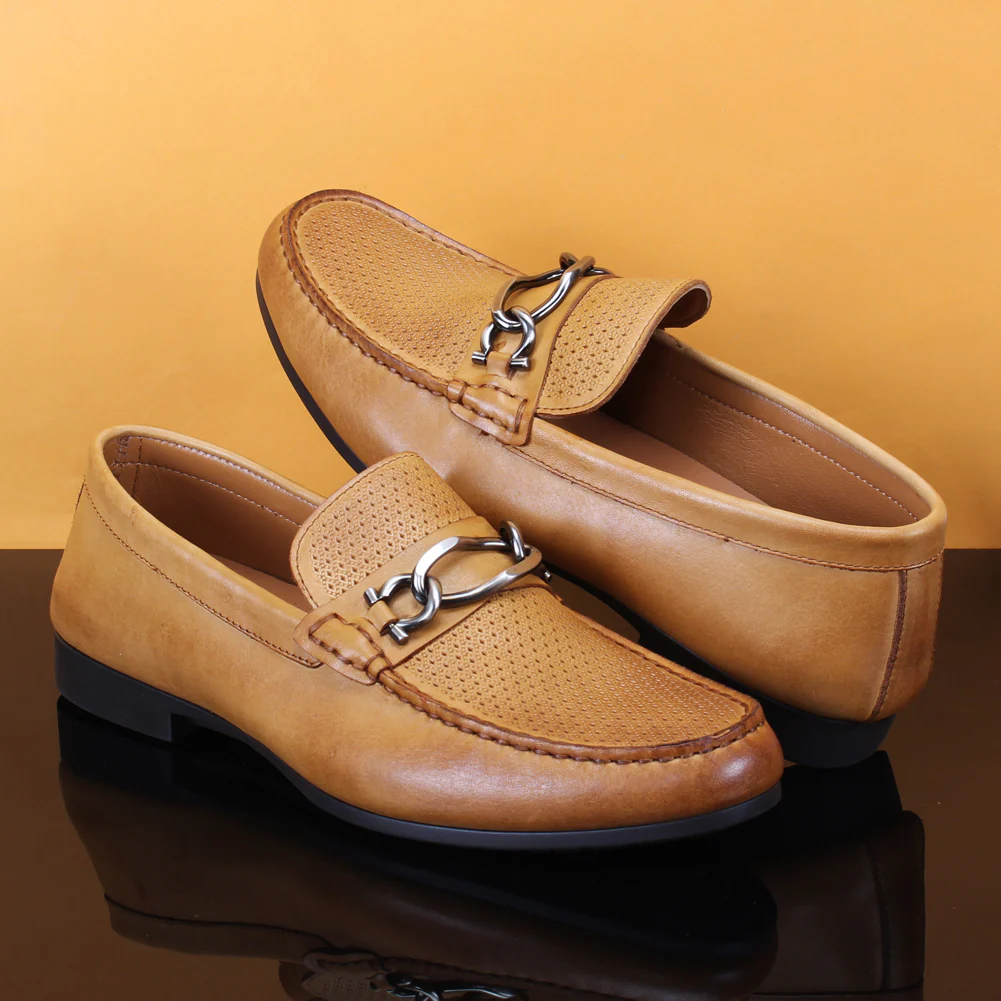 Men "VICENTE" Casual Perforated Slip On Metallic Buckle Leather Moccasins - Image 6