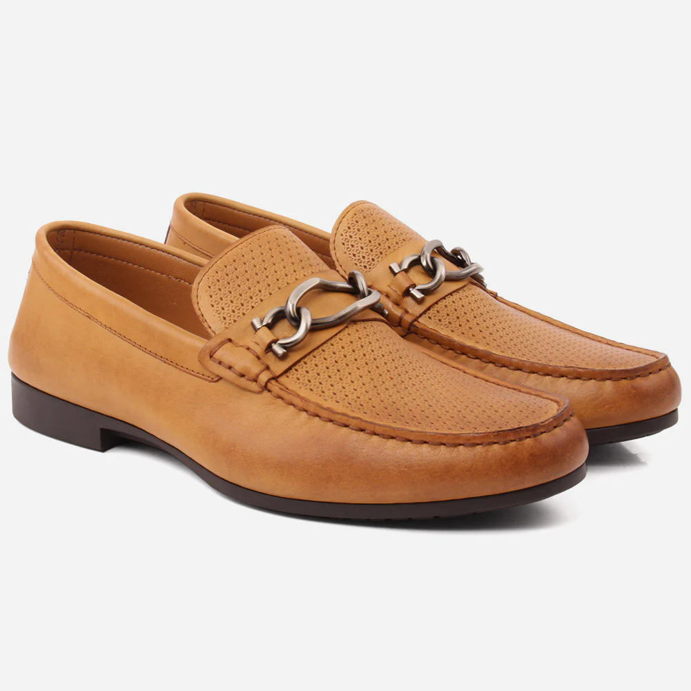Men "VICENTE" Casual Perforated Slip On Metallic Buckle Leather Moccasins - Image 2