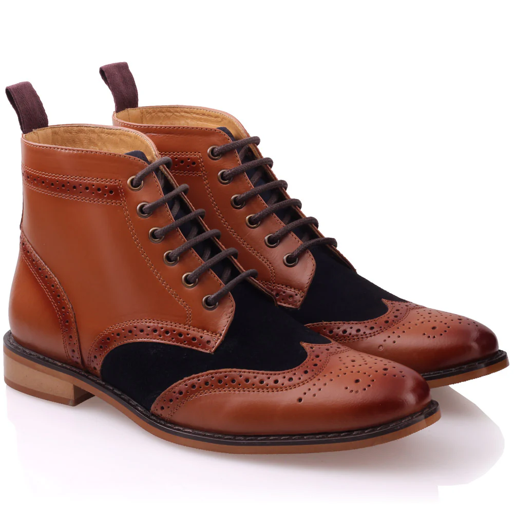 Mens 'Bourne' Leather Boots Smart Formal Brogue Combat Lace Ankle Boots Shoes - Image 2