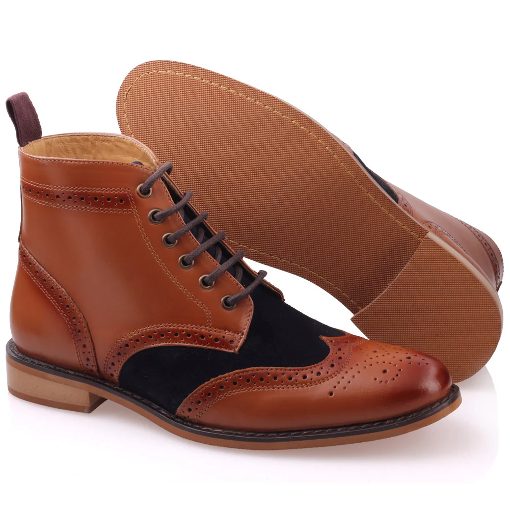 Mens 'Bourne' Leather Boots Smart Formal Brogue Combat Lace Ankle Boots Shoes - Image 5