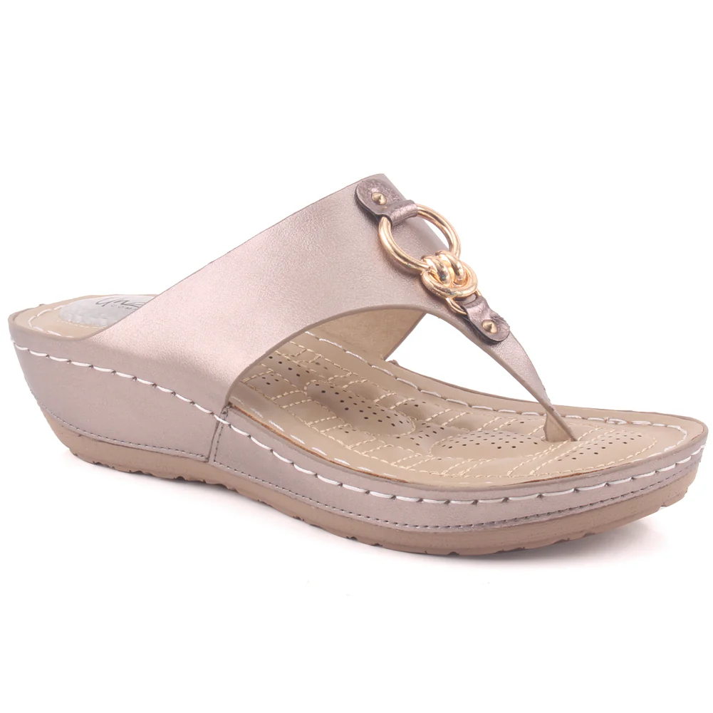 Women "ATHENA" Metallic Buckle Adorned Thong Comfort Wedge Slippers
