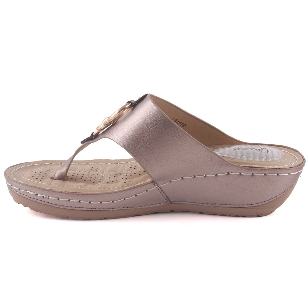 Women "ATHENA" Metallic Buckle Adorned Thong Comfort Wedge Slippers - Image 3