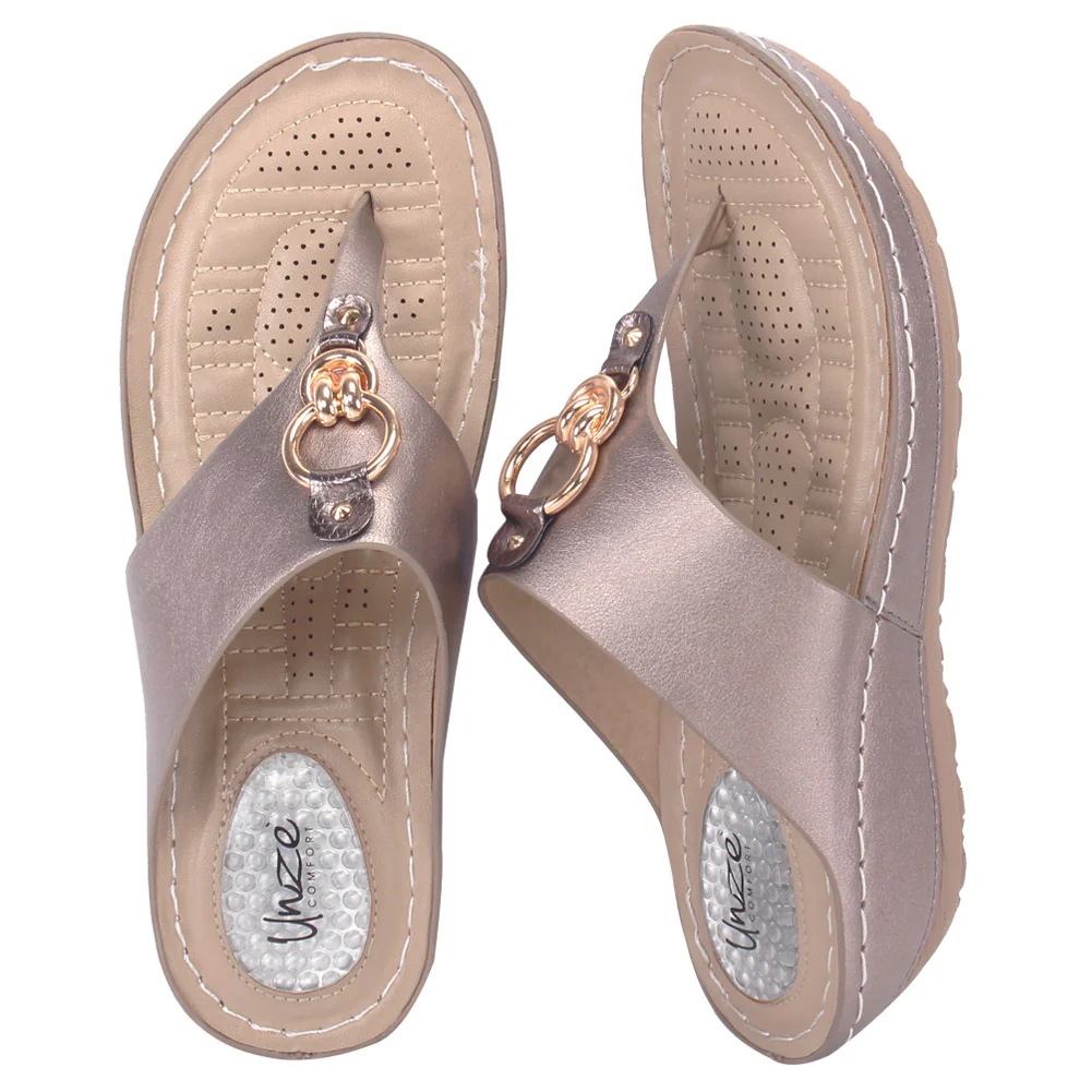 Women "ATHENA" Metallic Buckle Adorned Thong Comfort Wedge Slippers - Image 6