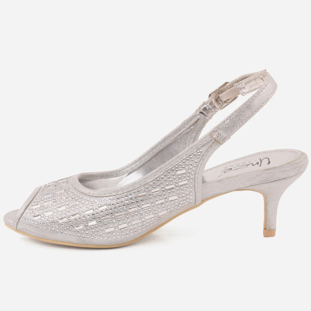 Women “CORA” Sequins Embellished  Shiny Peep Toe Stiletto Sling Back Heel Sandals - Image 3