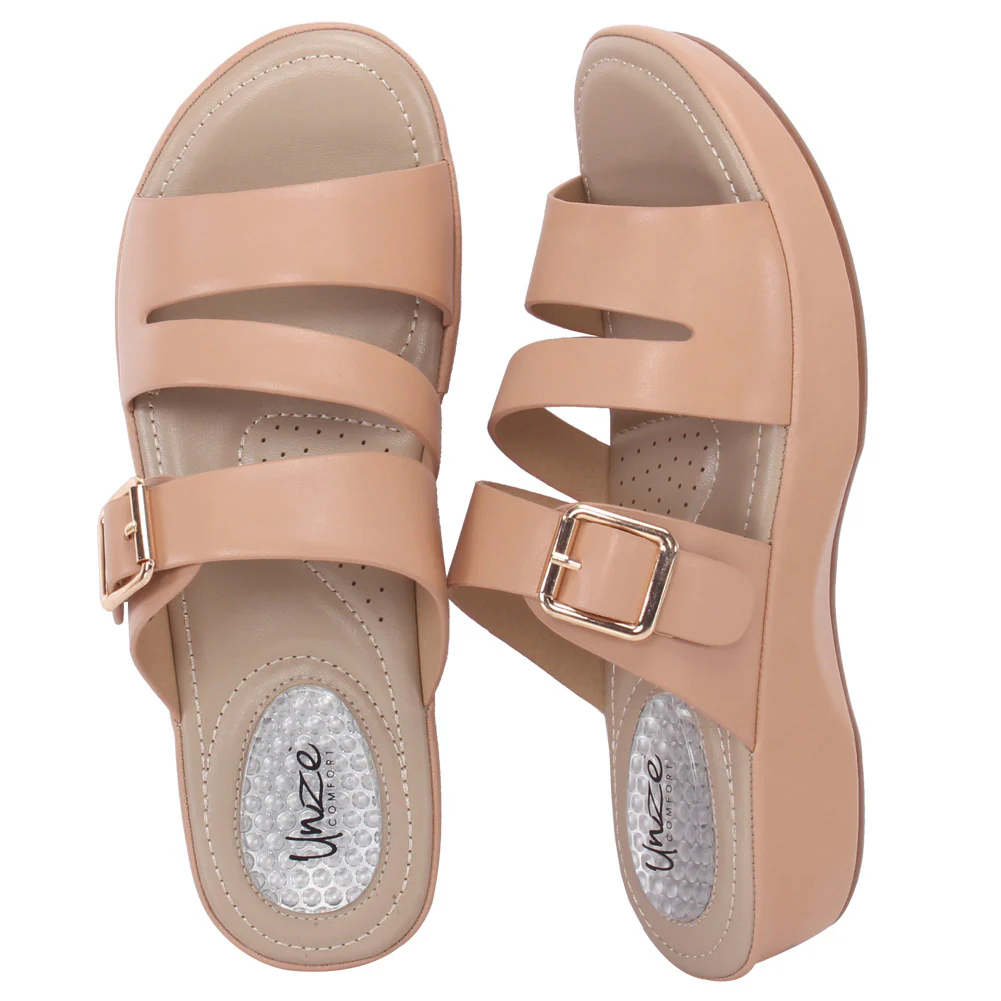 Women "DAHLIA" Open Toe Wedge Tri-Strap Buckled Comfort Slippers - Image 6