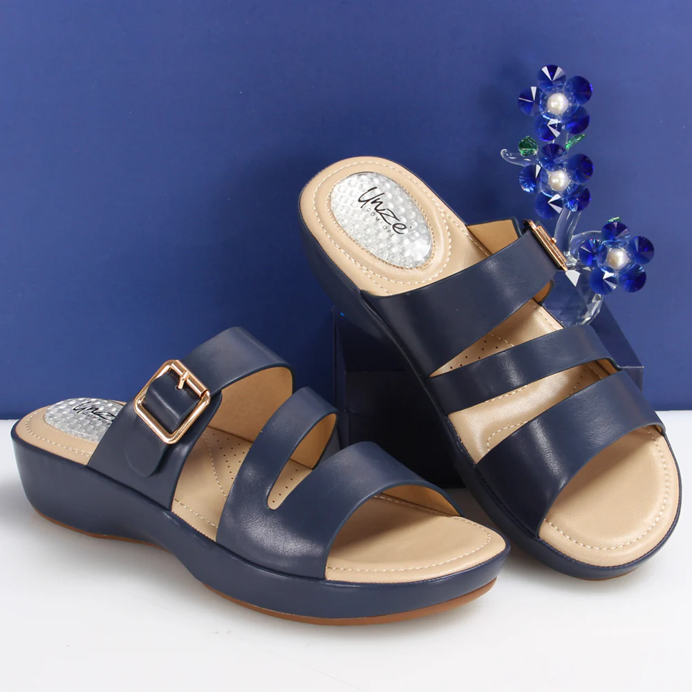 Women "DAHLIA" Open Toe Wedge Tri-Strap Buckled Comfort Slippers - Image 7