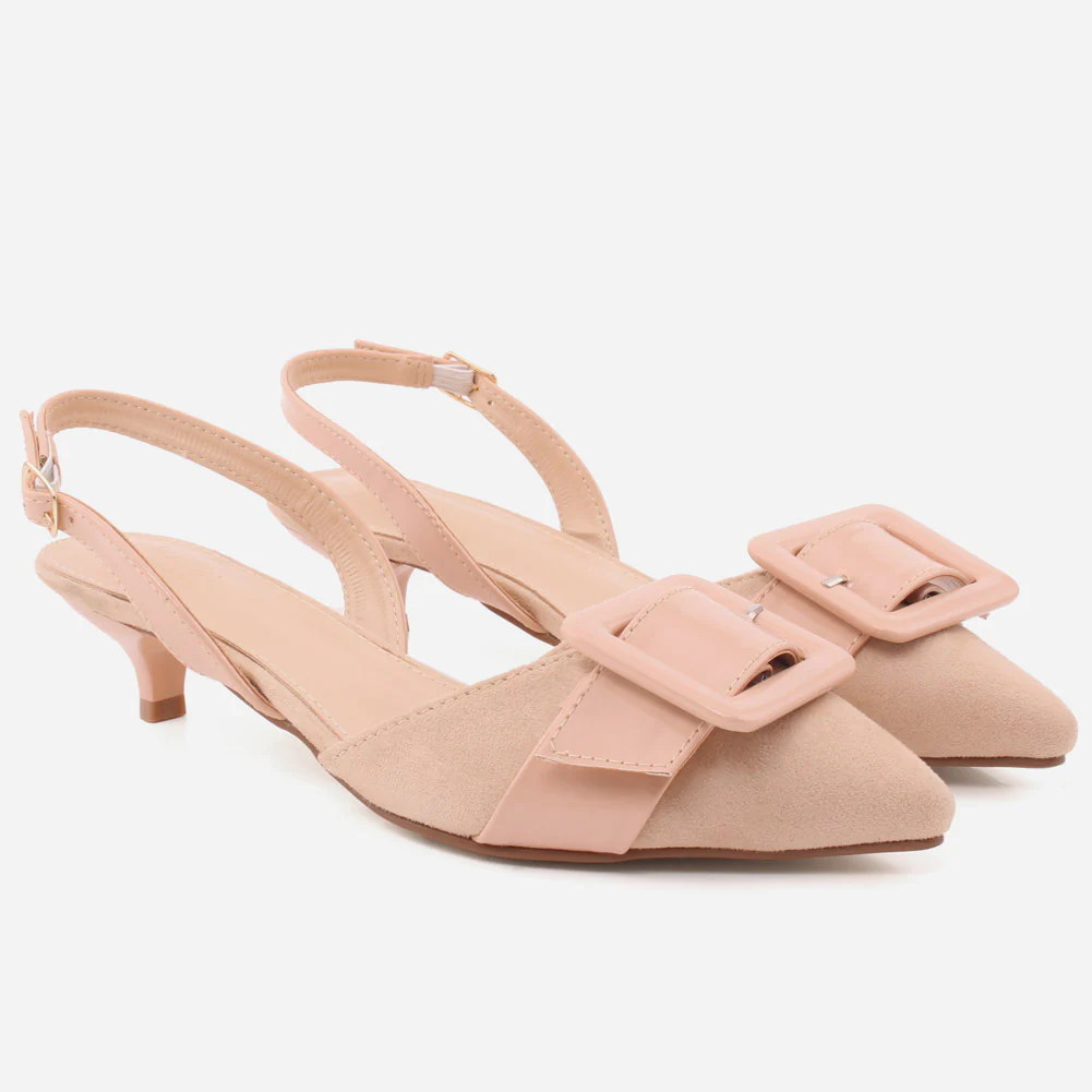 Women "ELEONORA" Patent Belted Square Buckle Suede Vamp Sling Kitten Heel Sandals - Image 2