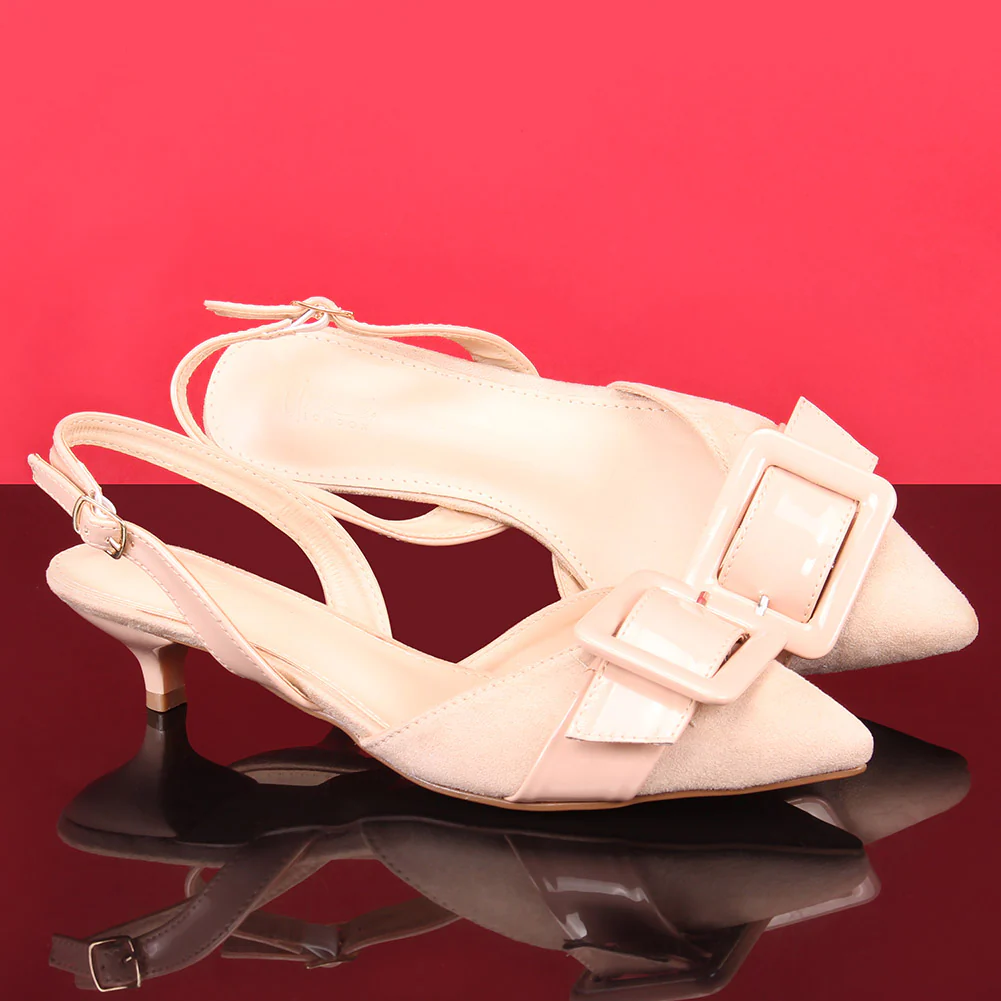 Women "ELEONORA" Patent Belted Square Buckle Suede Vamp Sling Kitten Heel Sandals - Image 6