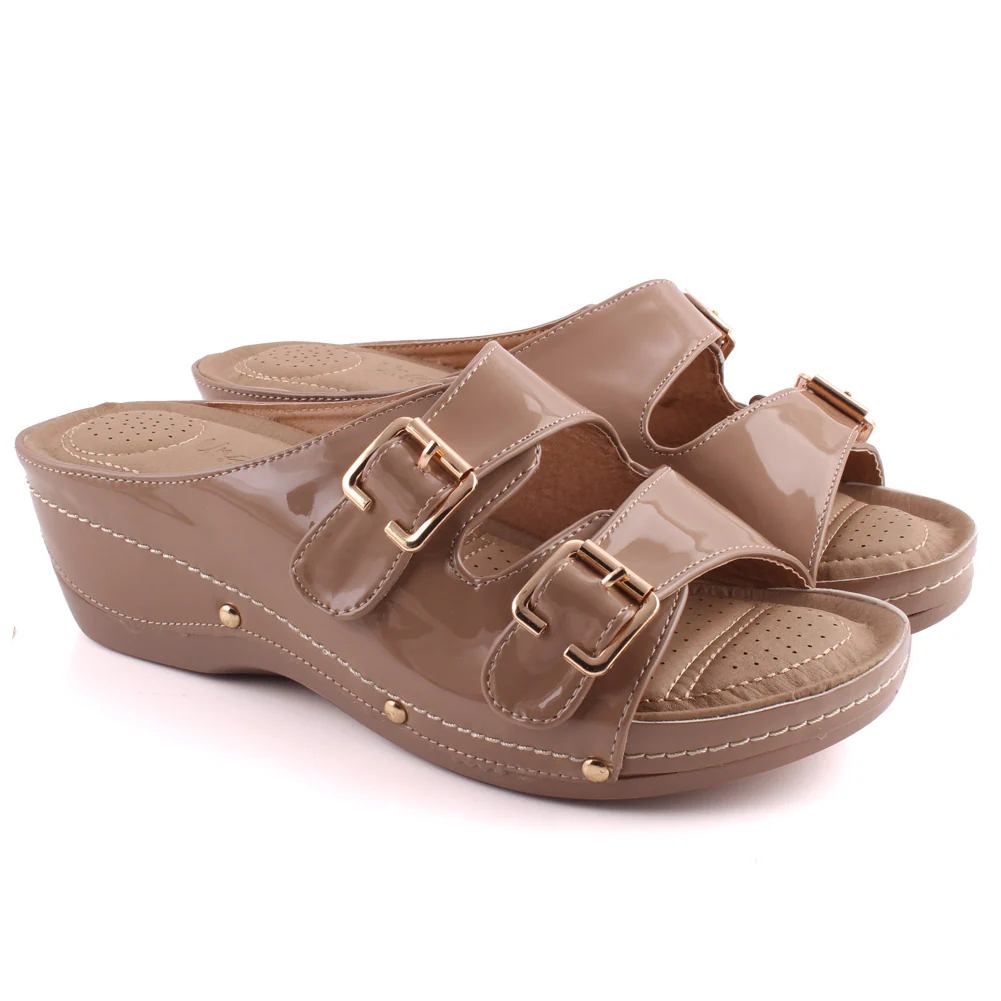 Women “FANNIE” Dual- Strap Flap Buckle Design Comfort Wedge Slippers - Image 2