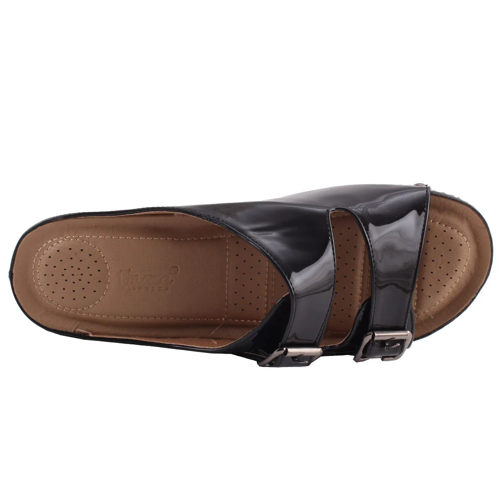 Women “FANNIE” Dual- Strap Flap Buckle Design Comfort Wedge Slippers - Image 4