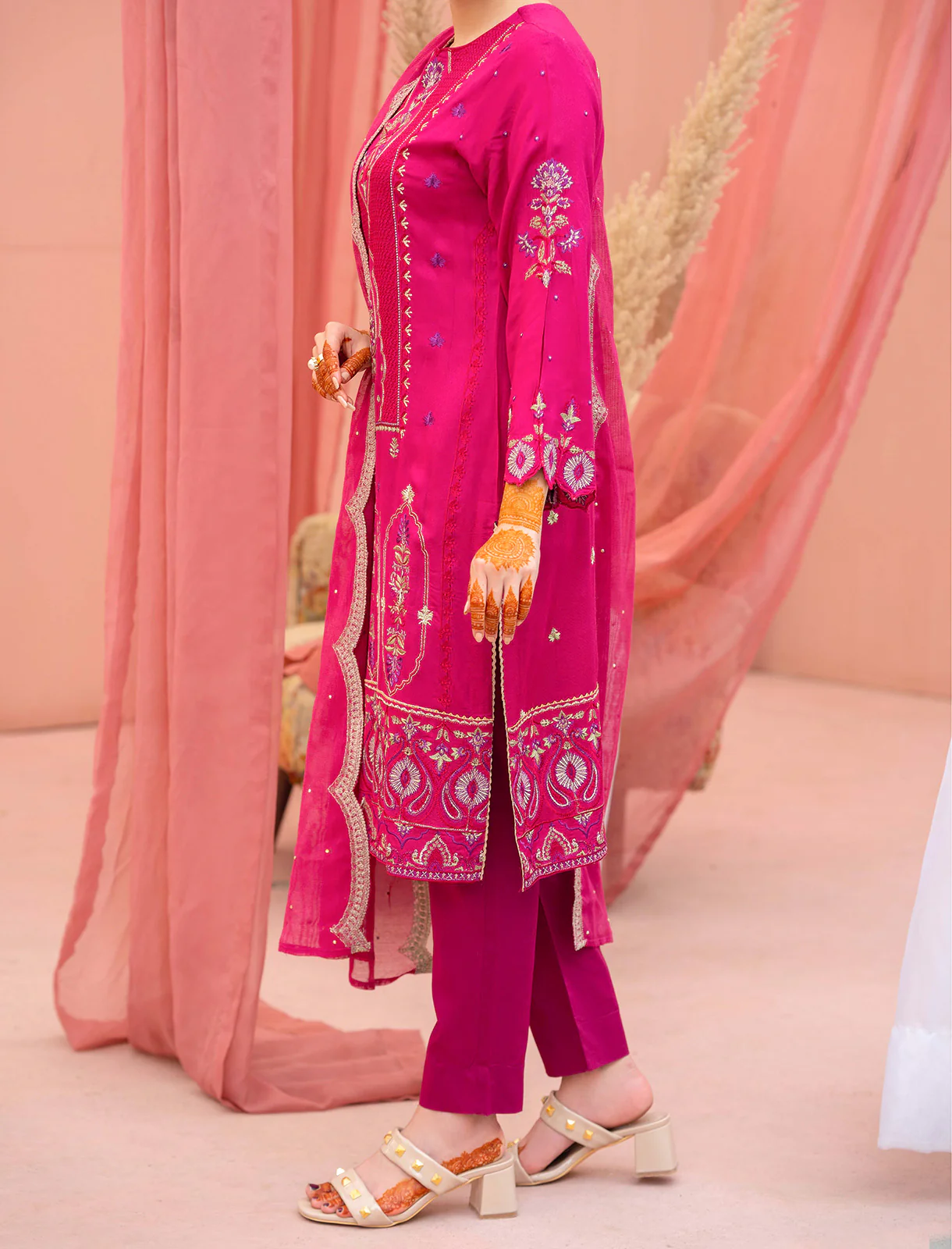 Women "FILIZ" Embroidered Cotton Net Three Piece Suit - Image 3