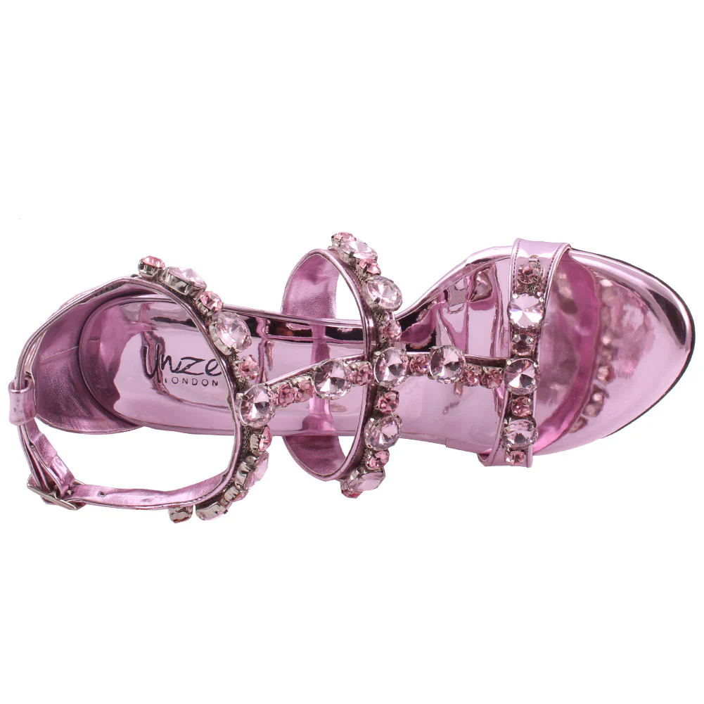 Women “FLORA” diamond encrusted cross over ankle strap heel sandals - Image 4