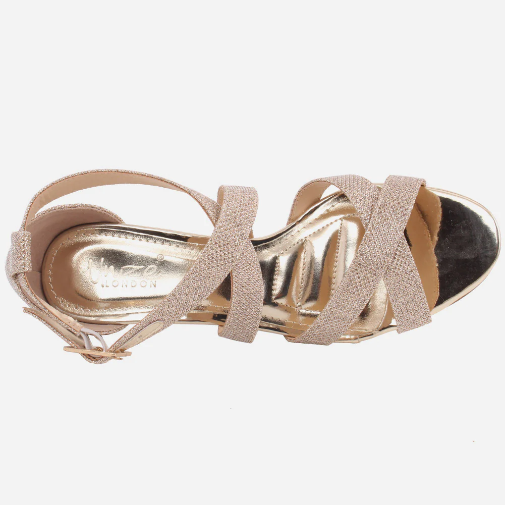 Women “GALILA” Cross Over Strap Peep Toe Shimmer Kitten Heel Sandals - Image 4