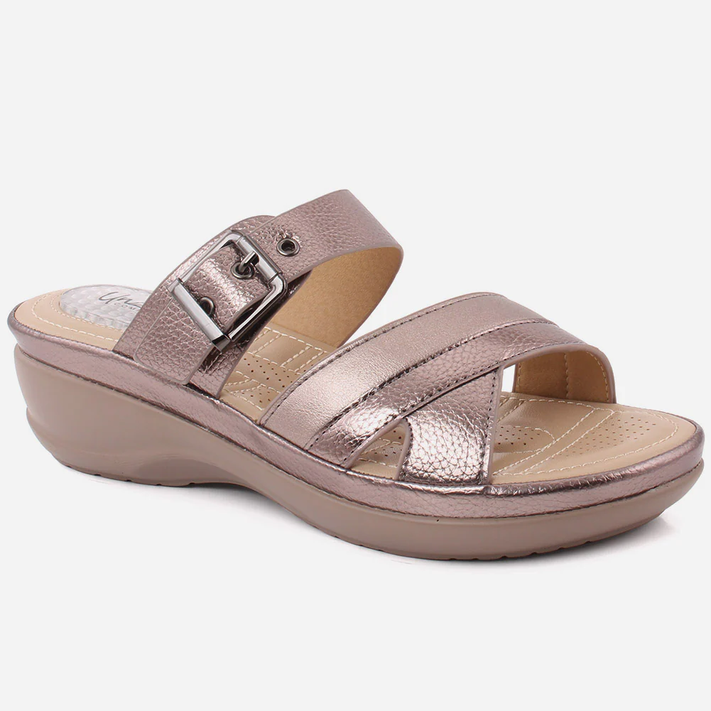 Women "GIANNA" Open Toe Crossover Shimmer Wedge Slippers