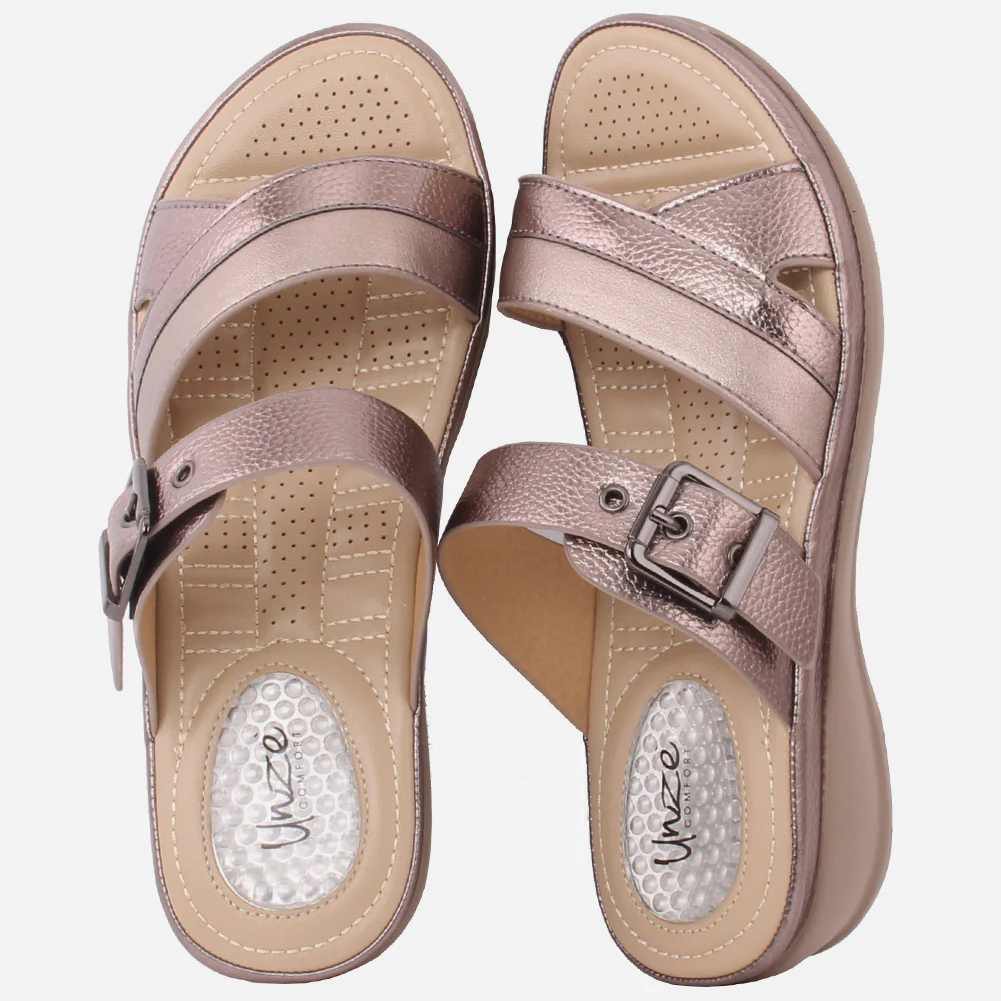 Women "GIANNA" Open Toe Crossover Shimmer Wedge Slippers - Image 4