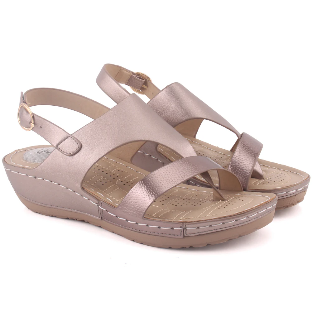 Women "ITZEL" Toe Loop Open Toe Metallic Buckle Glossy Comfort Wedge Sandals - Image 2