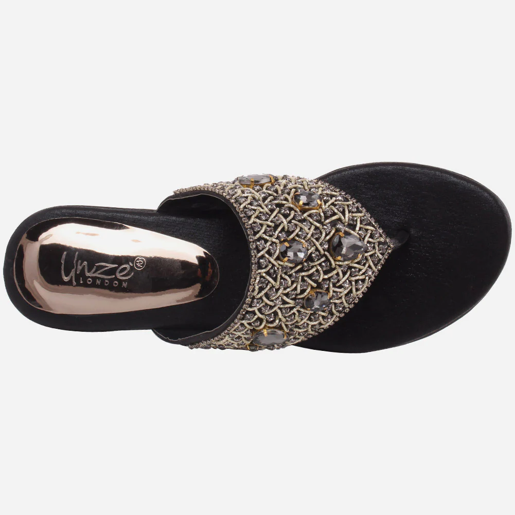 Women “LAURY” Rhinestone Adorned Upper Thong Slip On Flats - Image 4