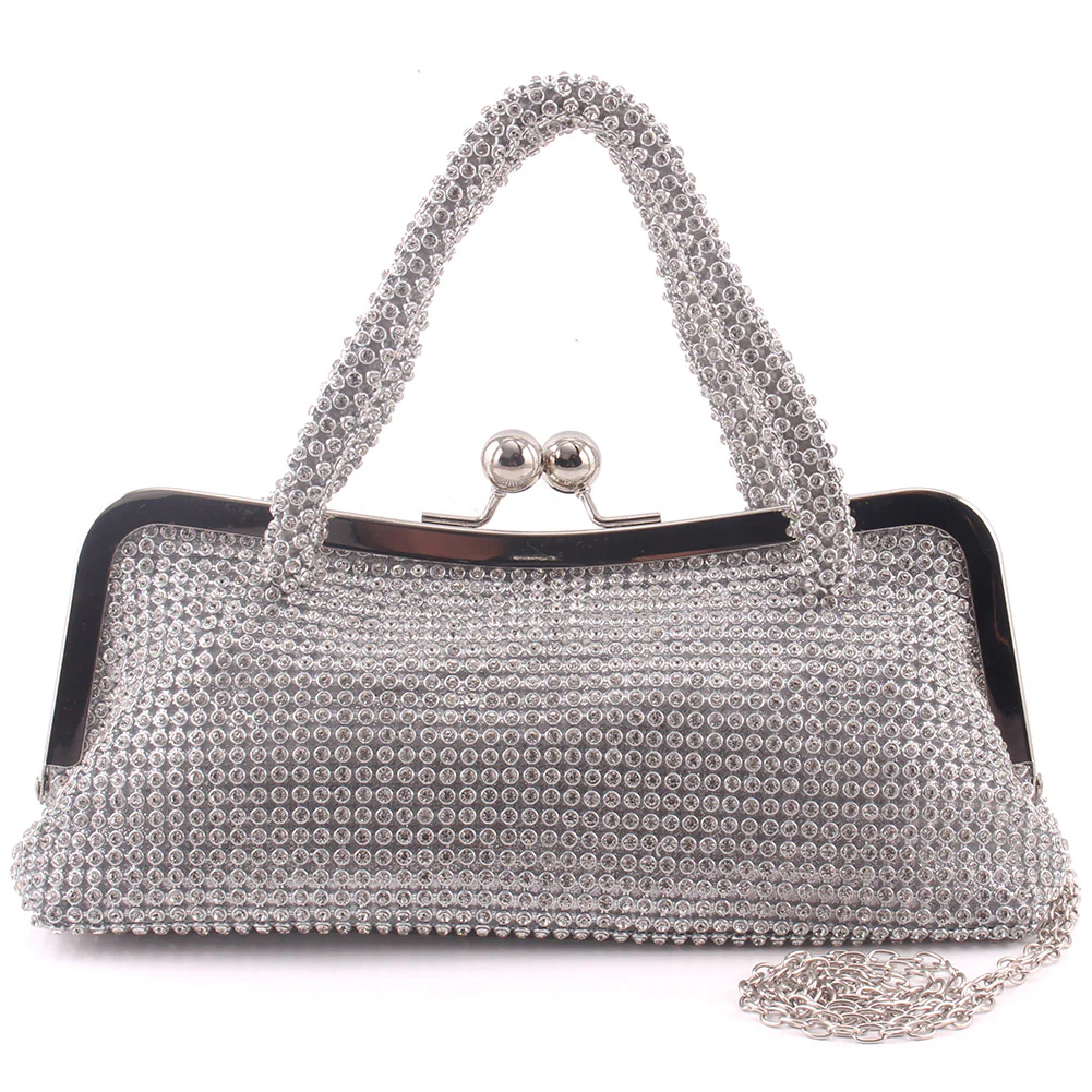 Women "LYNN" Rhinestones Top Laced Handle Bridal Shimmer Kiss-Lock Clutch - Image 2