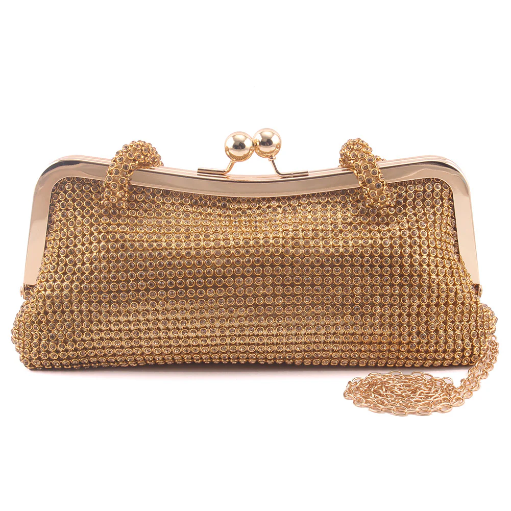 Women "LYNN" Rhinestones Top Laced Handle Bridal Shimmer Kiss-Lock Clutch