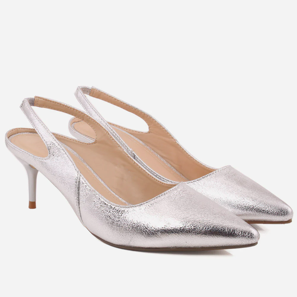 Women “MABELLE” Shimmery Pointy Toe Sling Back Kitten Heel Slip On Courts - Image 2