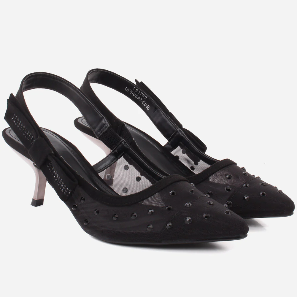 Women "MARVI" Fancy Pointed Toe Polka Net Design Decorated Stiletto Heel Sandals - Image 2