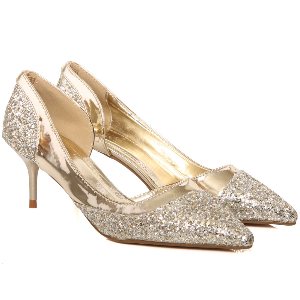Women “MATTIE” Glitter Textured Pointed Toe Slip On Kitten Heels - Image 2