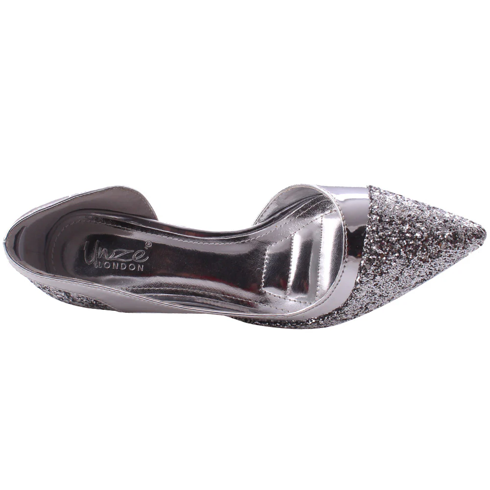 Women “MATTIE” Glitter Textured Pointed Toe Slip On Kitten Heels - Image 4