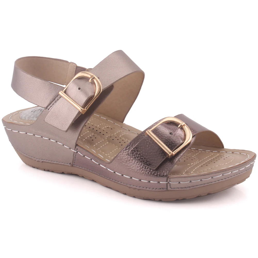 Women "NIA" Open Toe Metallic Buckle Accented Glossy Comfort Wedge Sandals