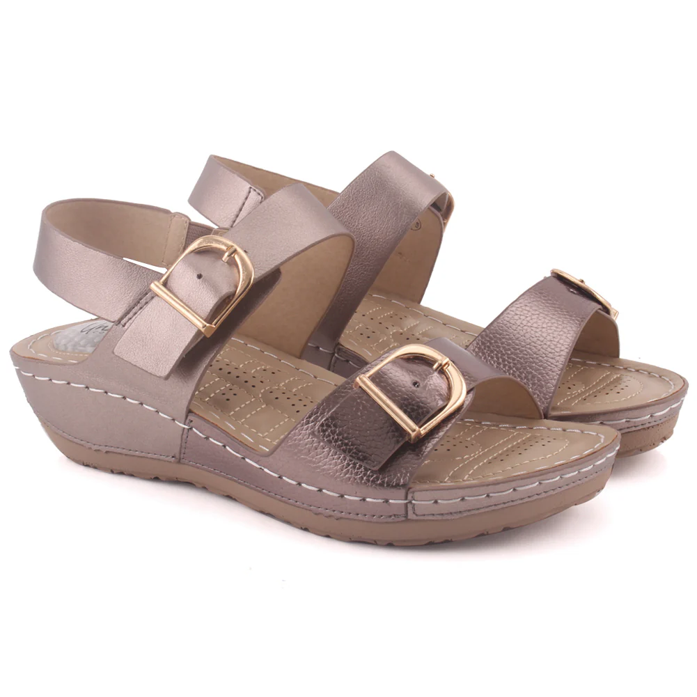 Women "NIA" Open Toe Metallic Buckle Accented Glossy Comfort Wedge Sandals - Image 2