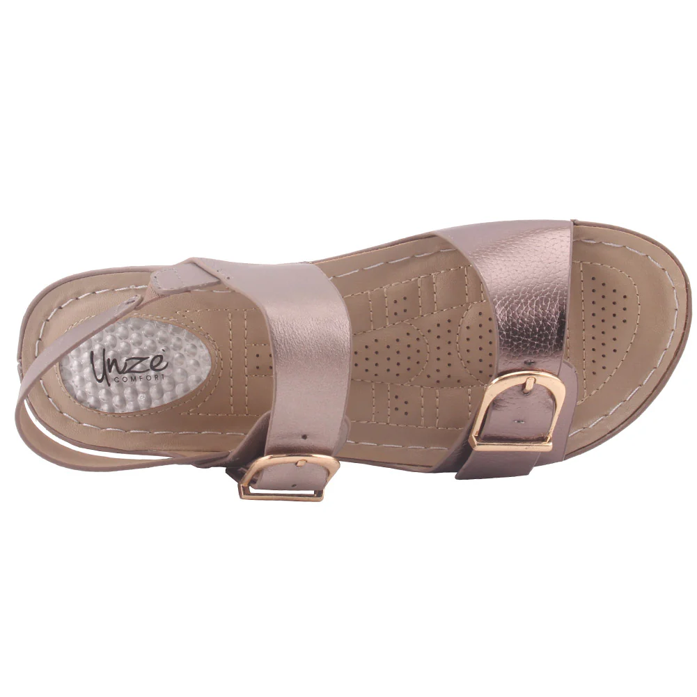 Women "NIA" Open Toe Metallic Buckle Accented Glossy Comfort Wedge Sandals - Image 4