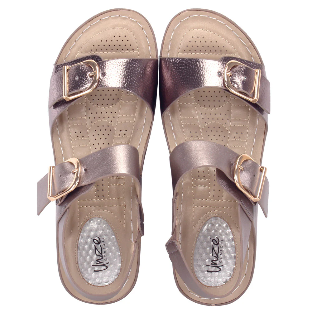 Women "NIA" Open Toe Metallic Buckle Accented Glossy Comfort Wedge Sandals - Image 6