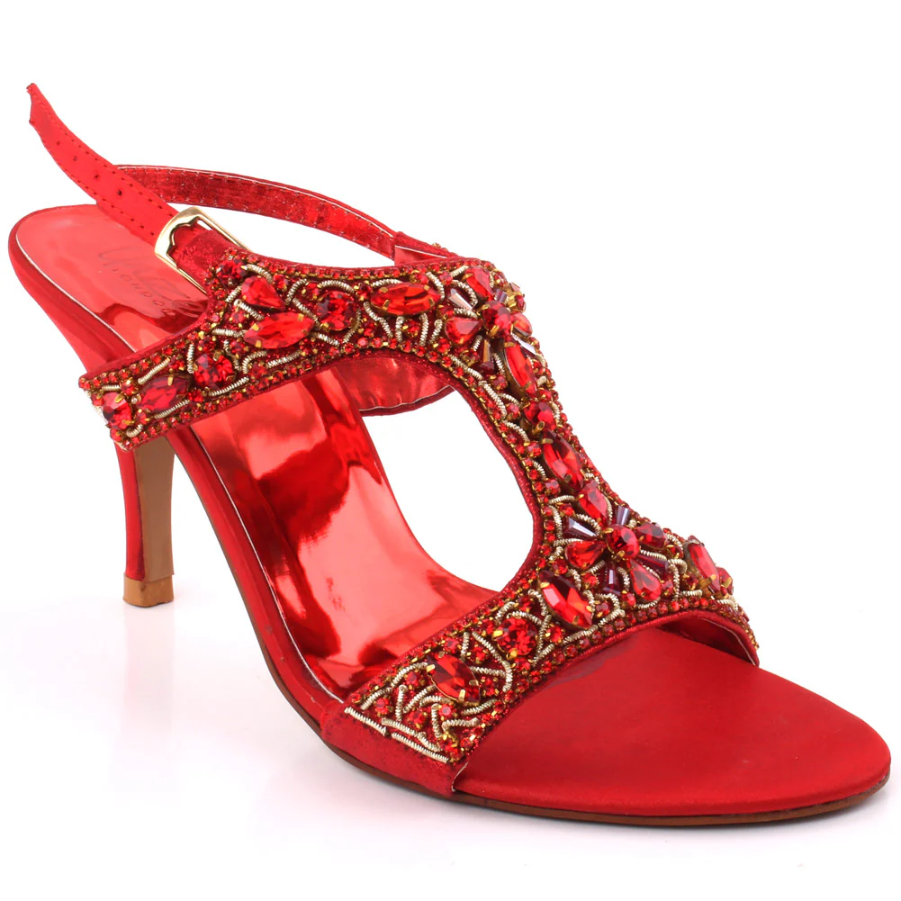 Women "RAQUEL" Crystal Encrusted T-Design Ankle Strap Stiletto Heel Sandals