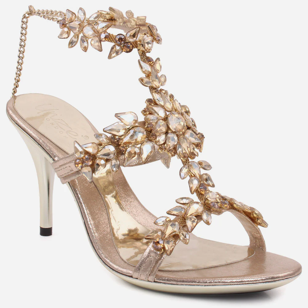Women “RENEE” Jewel Encrusted Chain Ankle Strap Stiletto Heel Sandals