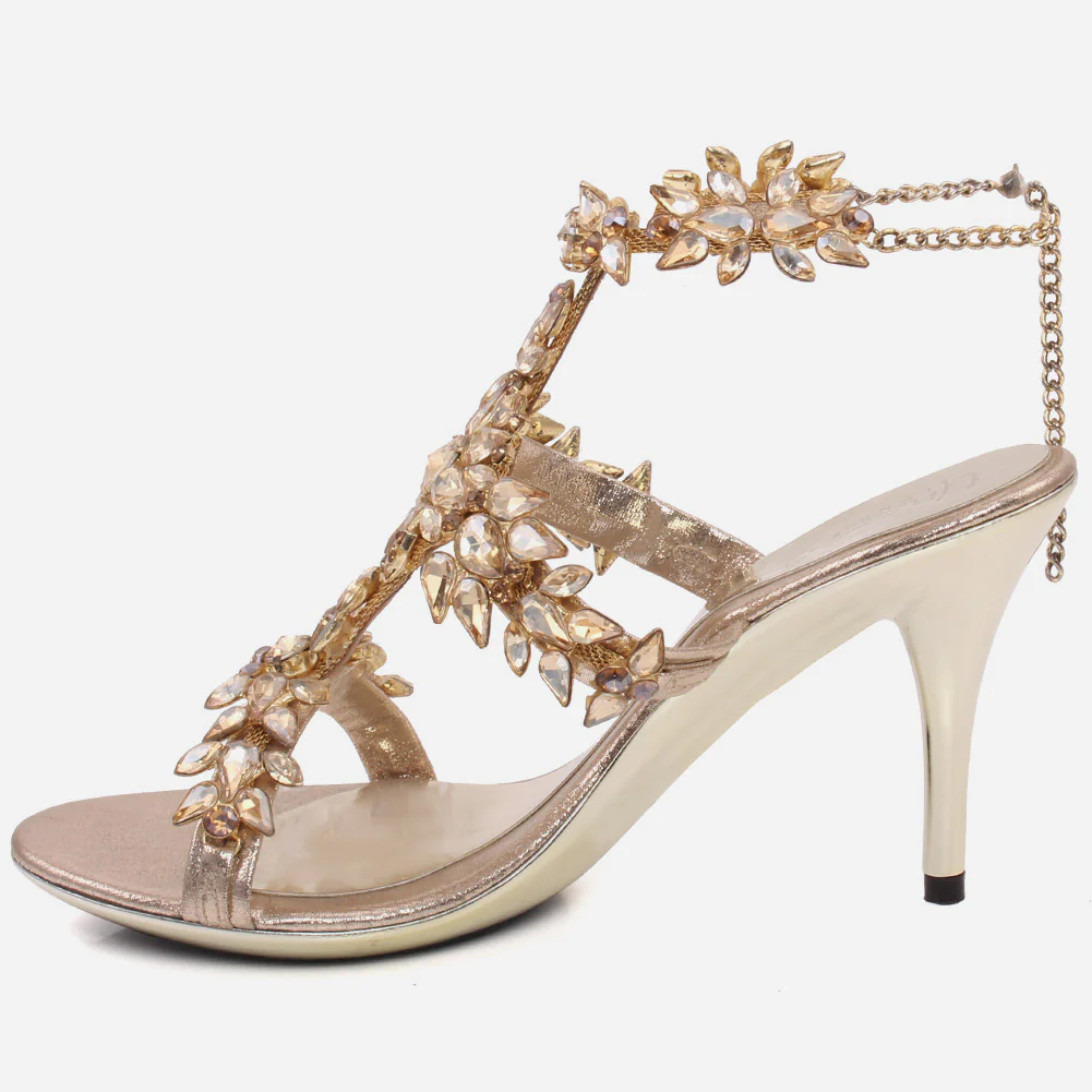 Women “RENEE” Jewel Encrusted Chain Ankle Strap Stiletto Heel Sandals - Image 3