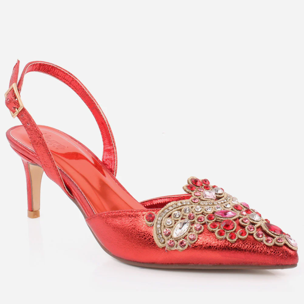 Women "TOBIAH" Sling Back Decorated Closed Toe Butterfly Lace Stiletto Heel Sandals