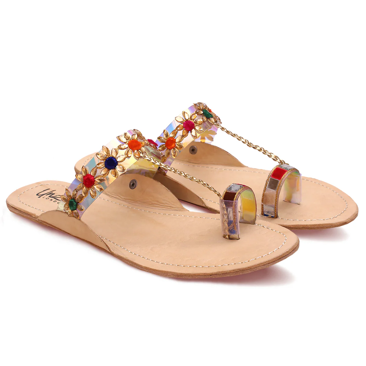 Womens "EMEL" Decorated Leather Kolhapuri Slippers - Image 2